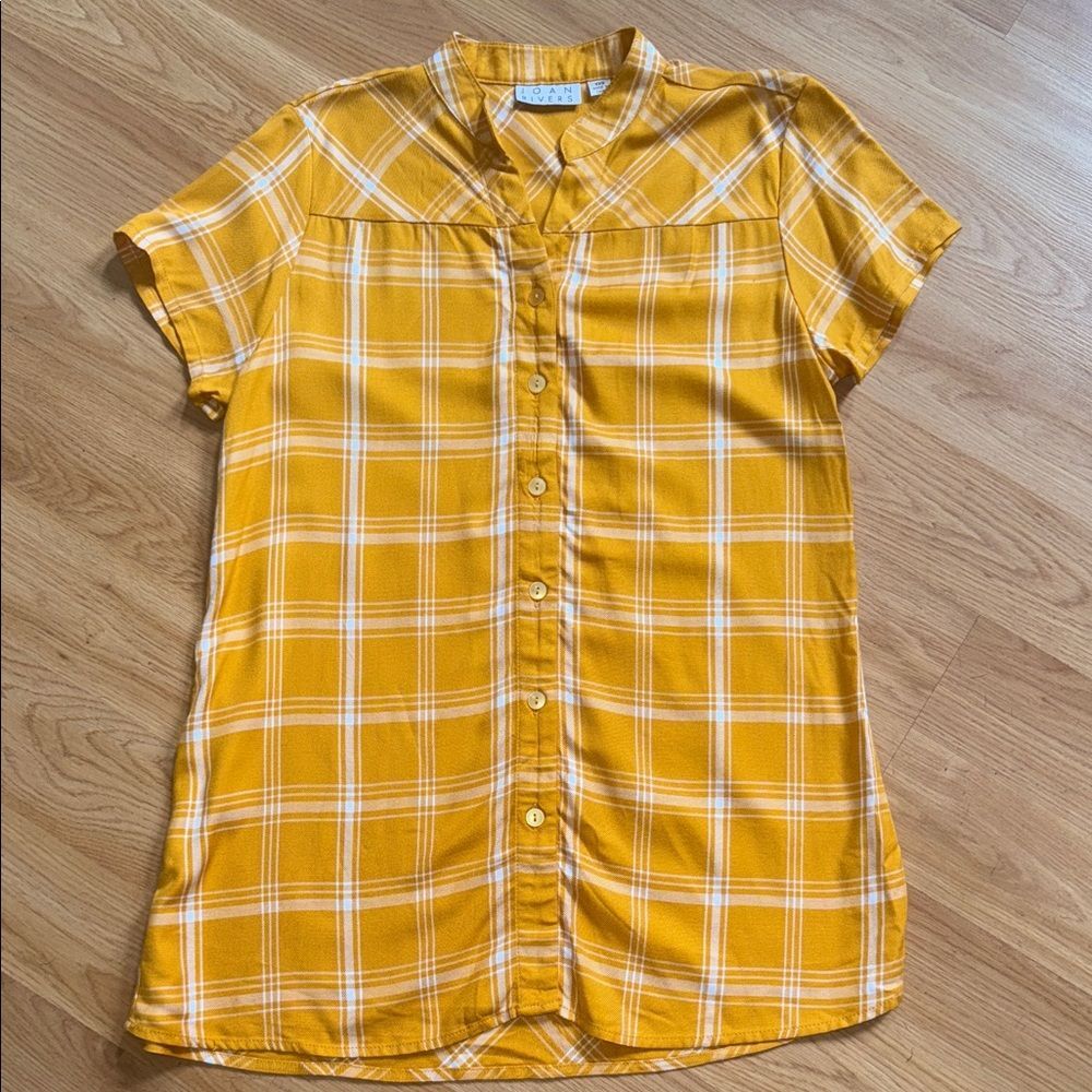 Joan Rivers Yellow Plaid Button-Up Shirt Blouse Top XXS Preppy Classic